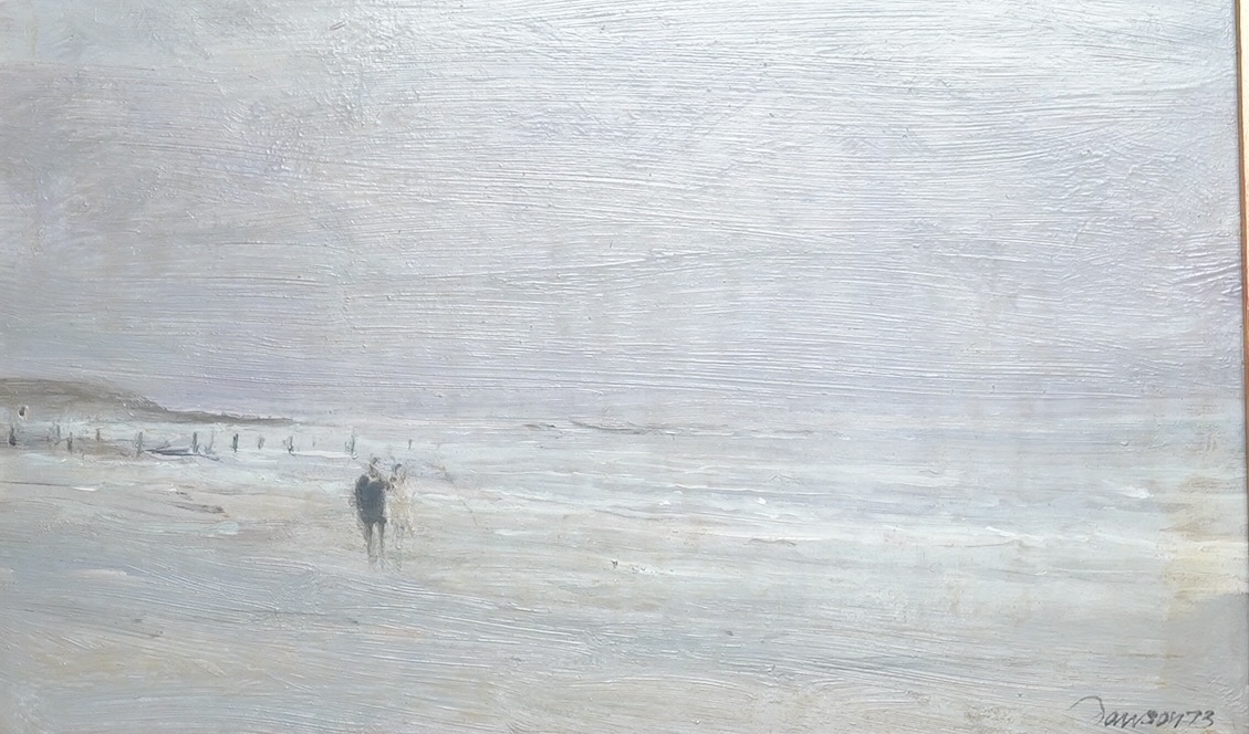 Edward Dawson (b.1941), oil on board, 'Twilight on Alnmouth Beach', signed and dated 1973, 18 x 30cm. Condition - good